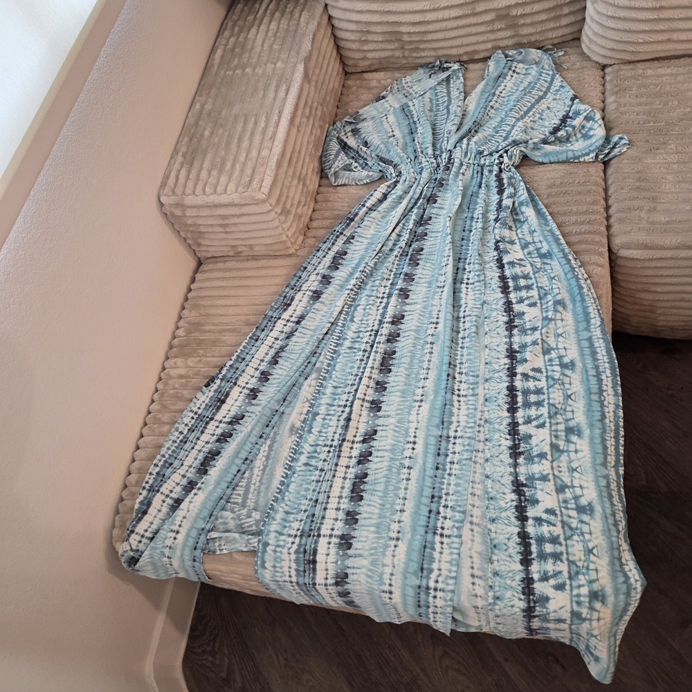LUXXEL Blue White Tie Dye Maxi Dress M Boho Kimono Sleeve V-Neck Resort Wear